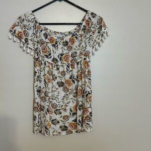 Fever Floral Tassel Trim Boho Peasant Top Blouse in Cream and Brown